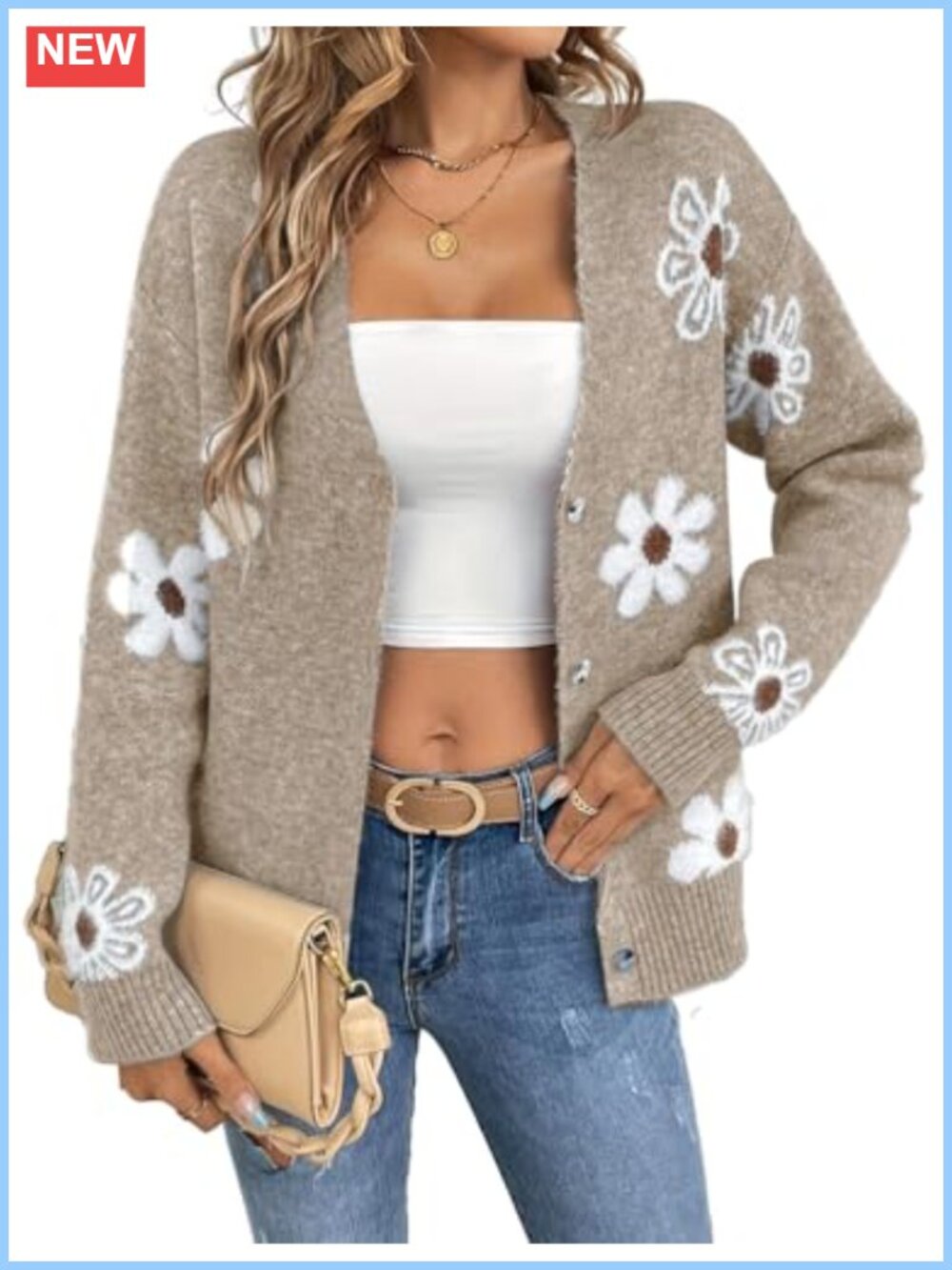 Womens Daisy Floral Sweater Cardigan Button Down Long Sleeve Fall Winter Knit
